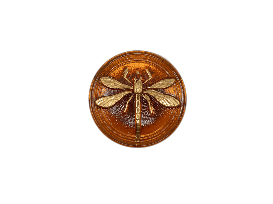 1 St. Tschechischer Glascabochon (ohne Messingöse), Topaz, goldene Libelle, handbemalt Größe 8 (18 mm)