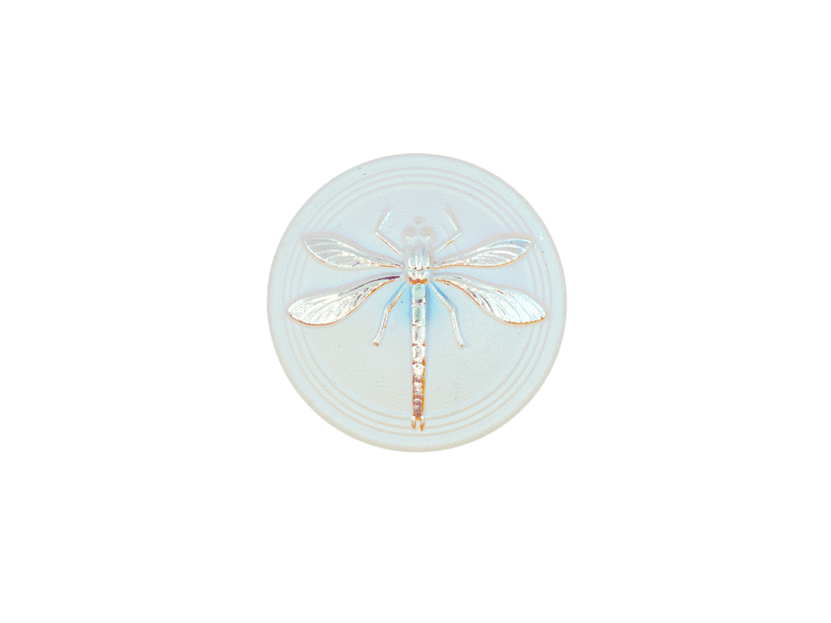 1 St. Tschechischer Glascabochon, Weiß, mattsilberne Libelle (glatte Rückseite), handbemalt, Größe 8 (18 mm)