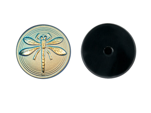 1 St. Tschechischer Glascabochon, Blau-Grün Matt, goldene Libelle (glatte Rückseite), handbemalt, Größe 8 (18 mm)