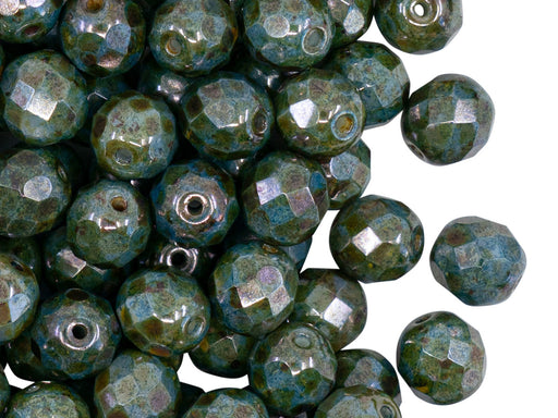 25 St. Fire Polished facettierte Glasperlen Rund 8mm, Kreideweiß, Glasur Blau, Tschechisches Glas