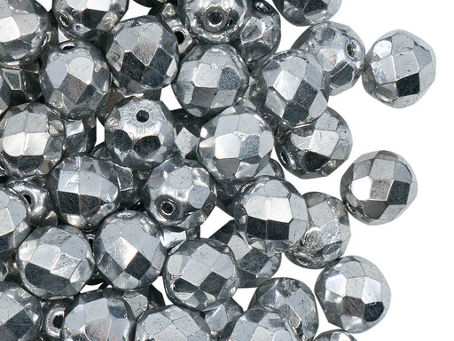 25 St. Fire Polished facettierte Glasperlen Rund 8mm, Kristall, Labrador voll (Silber metallic), Tschechisches Glas