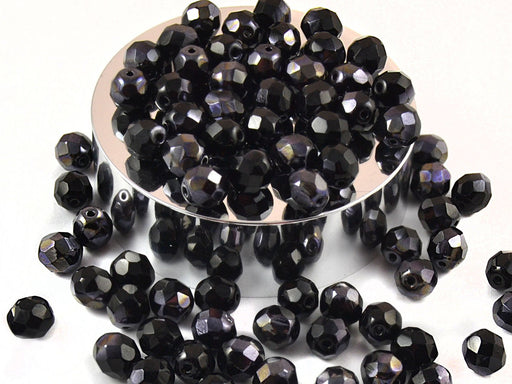 25 St.  Fire Polished facettierte Glasperlen Rund 8mm, Jet Blau halb Luster, Tschechisches Glas