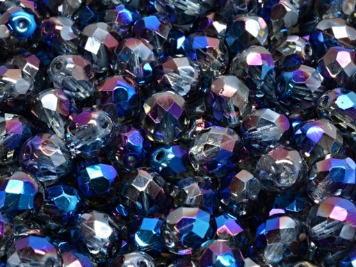 25 St. Fire Polished facettierte Glasperlen Rund 8mm, Kristall, blau leuchtend, Tschechisches Glas