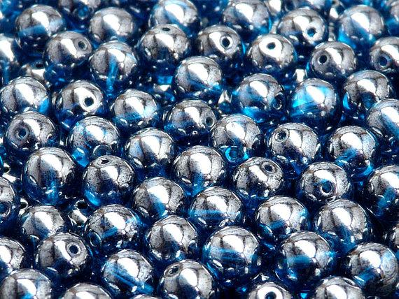 25 St. Runde Gepresste Perlen 8mm, Böhmisches Glas, Capri Blau Transparent Luster (Dunkel Aqua Luster)