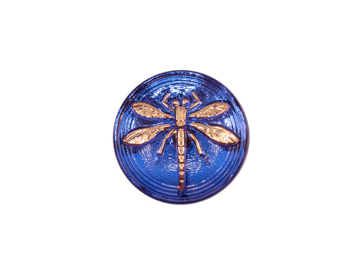 1 St. Tschechischer Glascabochon (glatte Rückseite), Blau-Lila Vitrail - Gold Libelle, Tschechisches Glas, handbemalt, Größe 8 (18mm)