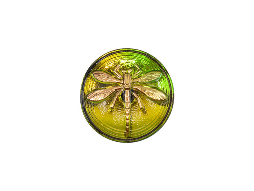 1 St. Knopf Cabochon (glatte Rückseite), Rosa-Grün - Goldene Libelle, Tschechisches Glas, handbemalt, Größe 8 (18mm)