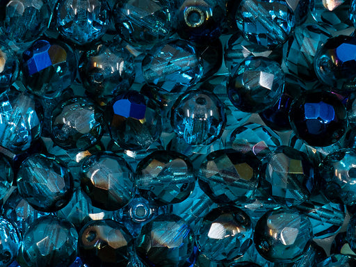 25 St.  Fire Polished facettierte Glasperlen Rund 8mm, Aquamarin halb Azuro, Tschechisches Glas