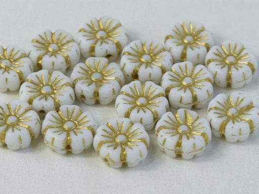 Hibiskusblüten Perlen 9mm Kreideweiß mit goldenem Dekor Tschechisches Glas Farbe_White Farbe_ Gold