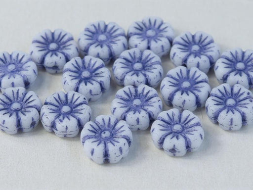 Hibiskusblüten Perlen 9mm Kreideweiß mit Tansanit-Dekor Tschechisches Glas Farbe_White Farbe_ Blue