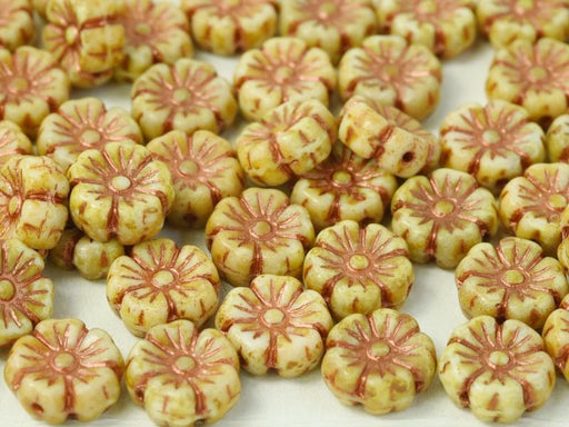 Hibiskusblüten Perlen 9mm Kreideweiß Terrakotta Kupfer Tschechisches Glas Farbe_Beige Farbe_ Brown
