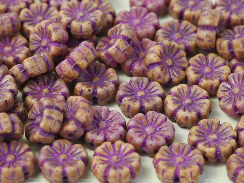 Hibiskusblüten Perlen 9mm Kreideweiß Terrakotta Lila Tschechisches Glas Farbe_Purple