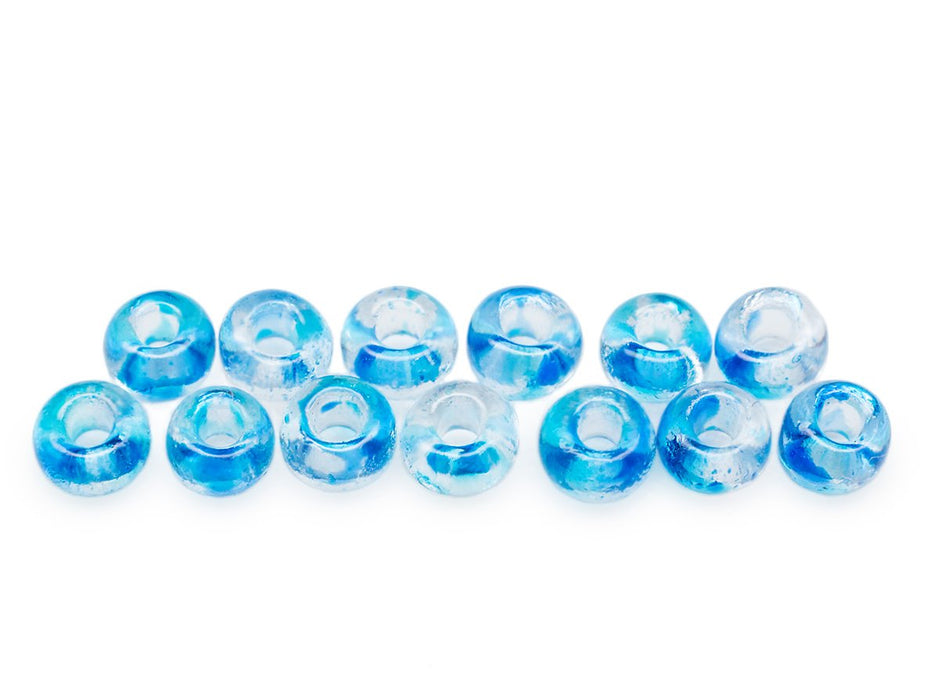 20 g Rocailles 9/0, Kristall mit blauen Spritzer, Tschechisches Glas