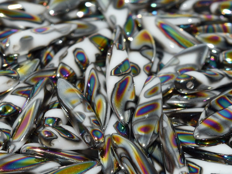 Dolchperlen 5x16 mm Kreideweiße Vitrail-Streifen Tschechisches Glas Farbe_Multicolored