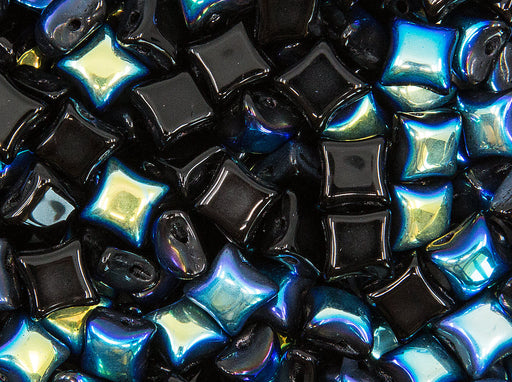 Glasperlen WibeDuo® 8x8 mm 2-Loch Jet Schwarz AB Tschechisches Glas Farbe_Multicolored Farbe_ Blue Farbe_ Black