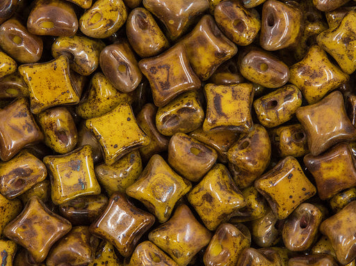 Glasperlen WibeDuo® 8x8 mm 2-Loch Opak gelber Travertin Tschechisches Glas Farbe_Yellow Farbe_ Brown