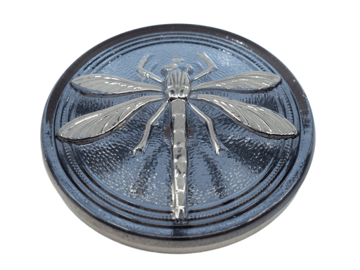 1 St. Tschechischer Glascabochon, Blue Montana, silberne Libelle (glatte Rückseite), handbemalt, Größe 14 (32 mm)
