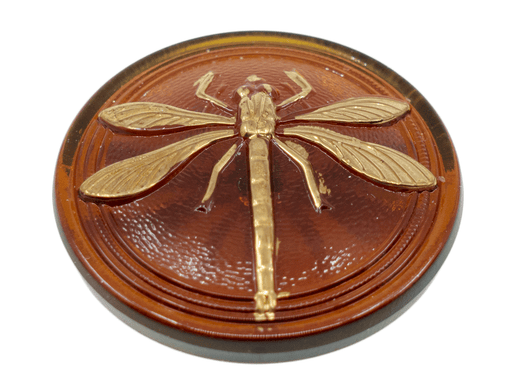 1 St. Tschechischer Glascabochon (ohne Messingöse), Topaz, goldene Libelle, handbemalt Größe 8 (18 mm)
