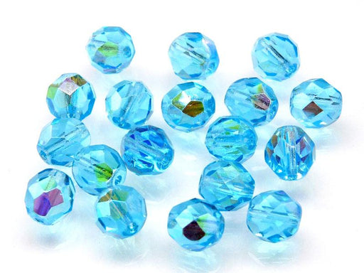 25 St.  Fire Polished facettierte Glasperlen Rund 8mm, Aquamarin AB, Tschechisches Glas