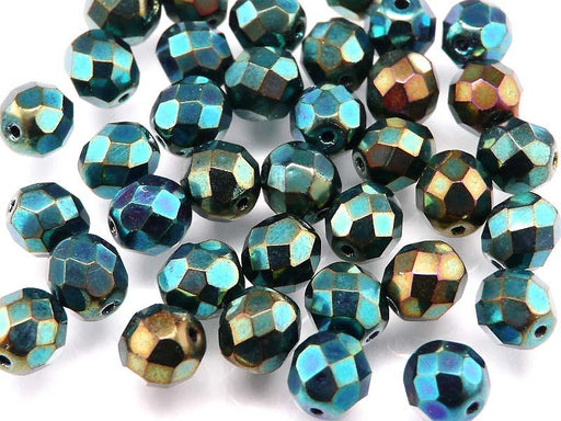 25 St. Fire Polished facettierte Glasperlen Rund 8mm, Jet Grün-Blau Iris, Tschechisches Glas