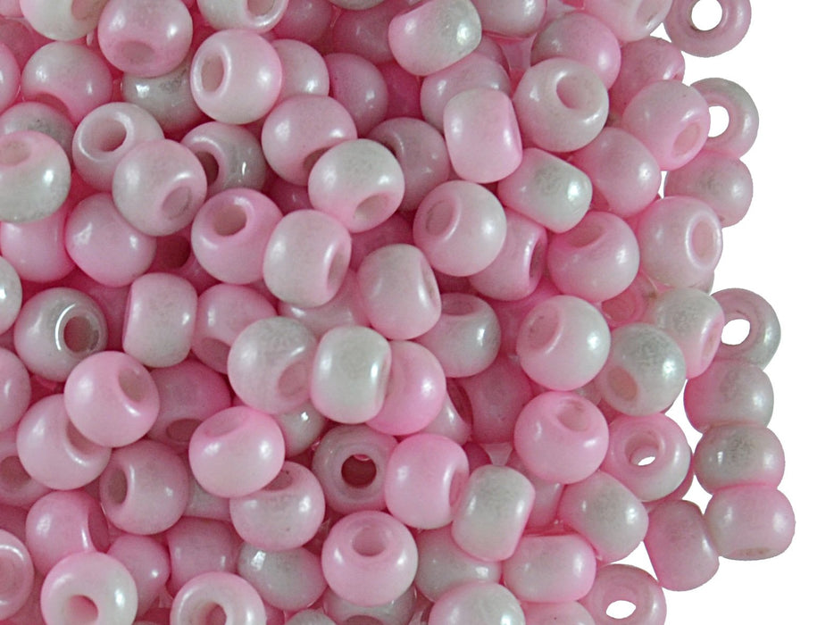 50 St. Pony Gepresste Perlen, Walze 5,5 mm im Durchmesser mit einem Loch von 2 mm, Böhmisches Glas, Weiß-Rosa Luster