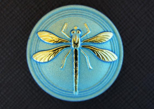 1 St. Tschechischer Glascabochon, Blaugrün, Matt, goldene Libelle (glatte Rückseite), handbemalt, Größe 14 (32 mm)