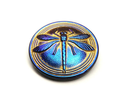 1 St. Tschechischer Glascabochon, Blau, Gold, blaue Libelle (glatte Rückseite), handbemalt, Größe 14 (32 mm)