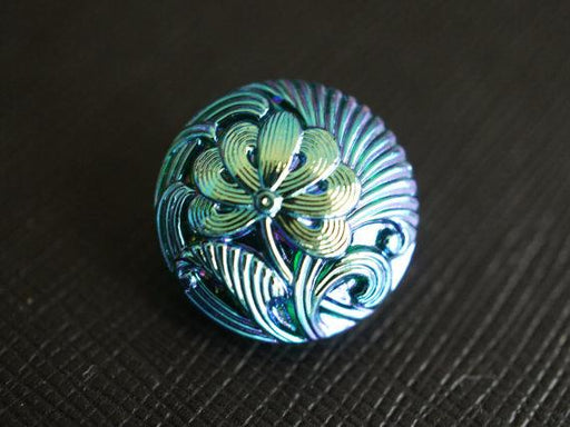 1 St. Tschechischer Glascabochon, Blume, Smaragdblau AB, handbemalt, Größe 8 (18 mm)