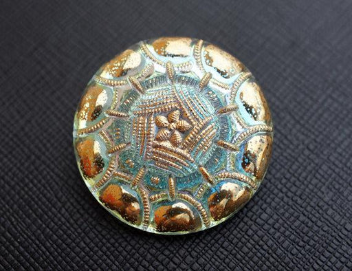 1 St. Tschechischer Glascabochon, Kristall AB, goldene Verzierung, handbemalt, Größe 14 (32 mm)