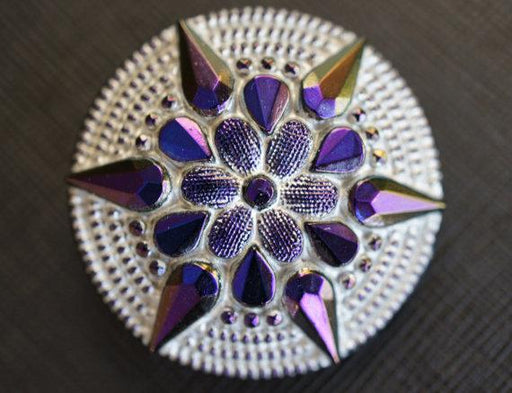1 St. Tschechischer Glascabochon, Weiß, Violett Stern, blaue Blume, handbemalt, Größe 16 (36 mm)