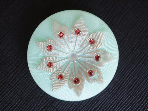 1 St. Tschechischer Glascabochon, Türkisgrün Opal, silberne Blume mit roten Strass-Steinen, handbemalt, Größe 16 (36 mm)