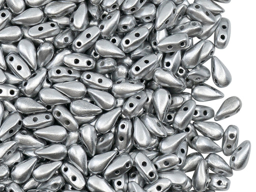 50 St. DropDuo® Perlen 3x6mm Zwei Löcher, Böhmisches Glas,Aluminium Silber