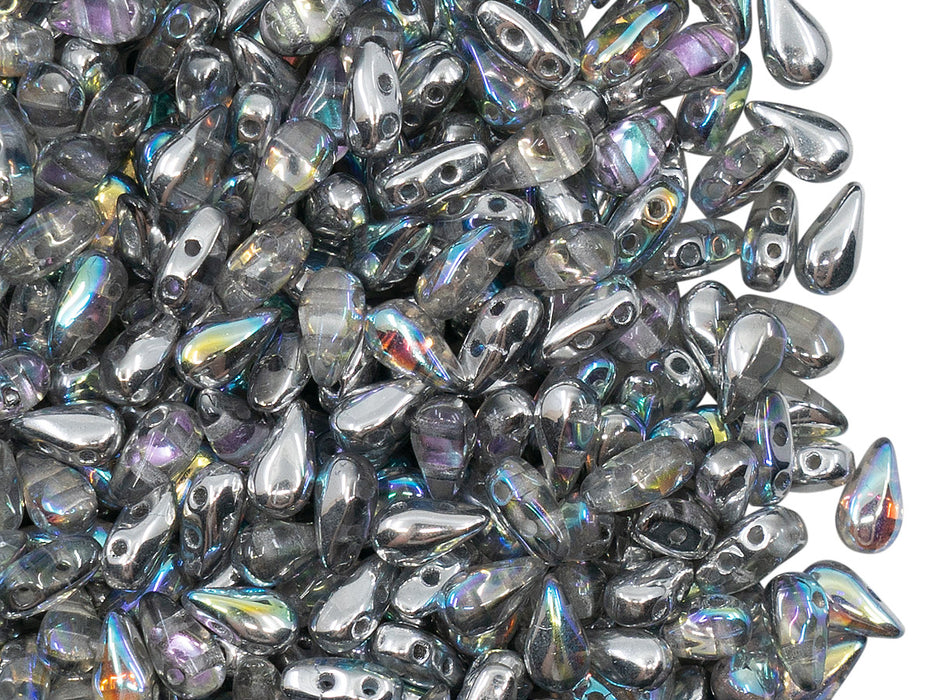 600 St. DropDuo® Perlen 3x6mm, 2-Loch, Kristall Silber schimmernd, Tschechisches Glas