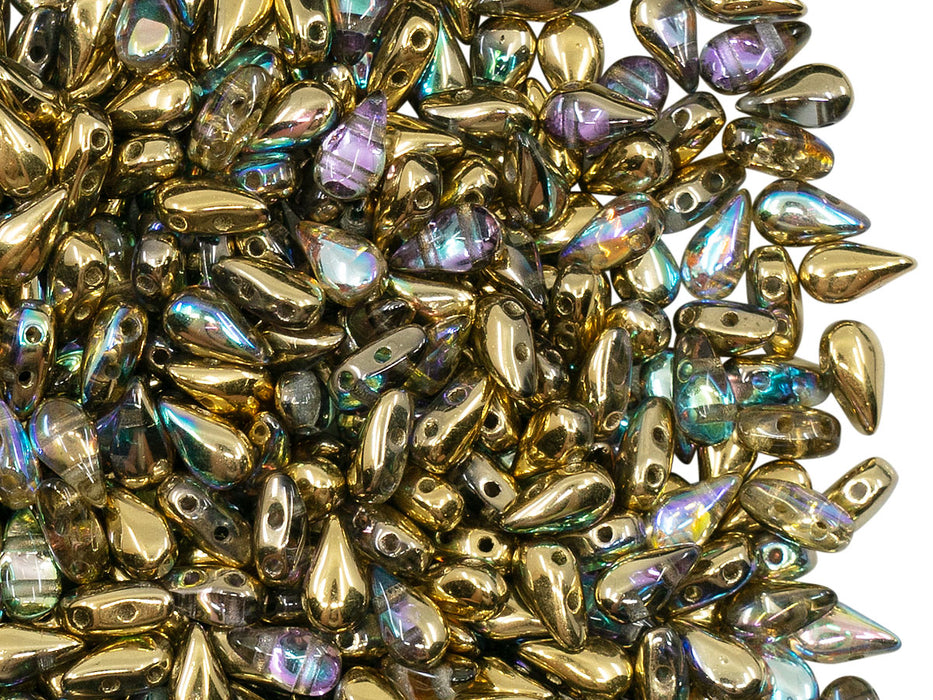 600 St. DropDuo® Perlen 3x6mm, 2-Loch, Kristall Gold schimmernd, Tschechisches Glas