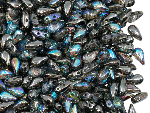 50 St. DropDuo® Perlen 3x6mm, 2-Loch, Kristall Graphit schimmernd, Tschechisches Glas