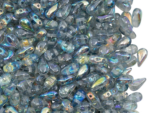 50 St. DropDuo® Perlen 3x6mm, 2-Loch, Kristall Blau schimmernd, Tschechisches Glas