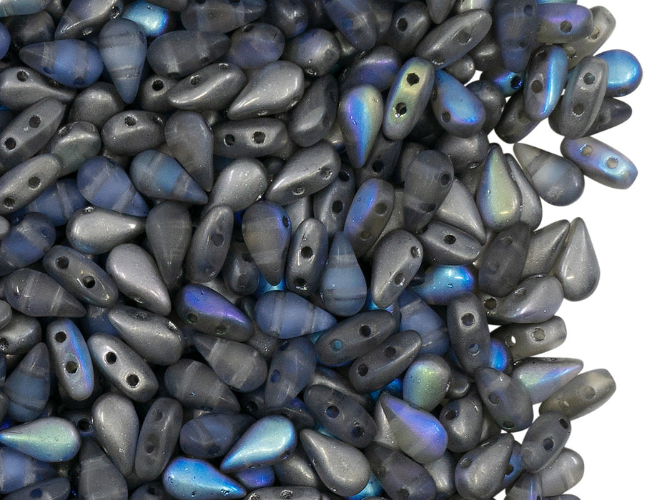 600 St. DropDuo® Perlen 3x6mm, 2-Loch, Kristall, graphit schimmernd, mattiert, Tschechisches Glas