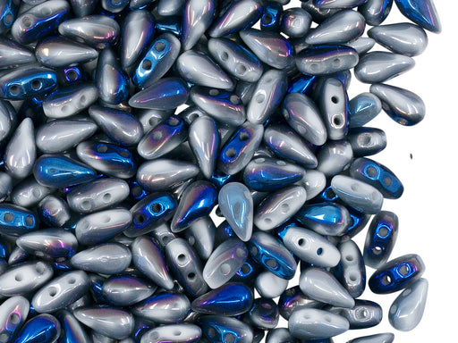 600 St. DropDuo® Perlen 3x6mm Zwei Löcher, Böhmisches Glas,Kreide Weiß Blau Flare Full