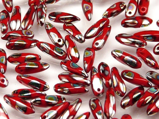 50 St. Dagger Kleine Gepresste Perlen 3x10mm, Böhmisches Glas, Koralle Rot Kreis Vitrail