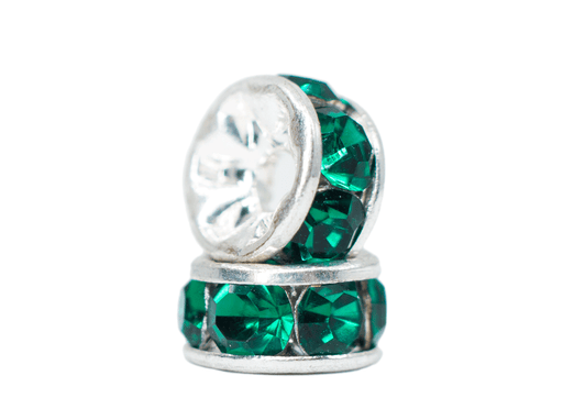 Rhinestone connecting glass spacer emerald green with metal silver color base