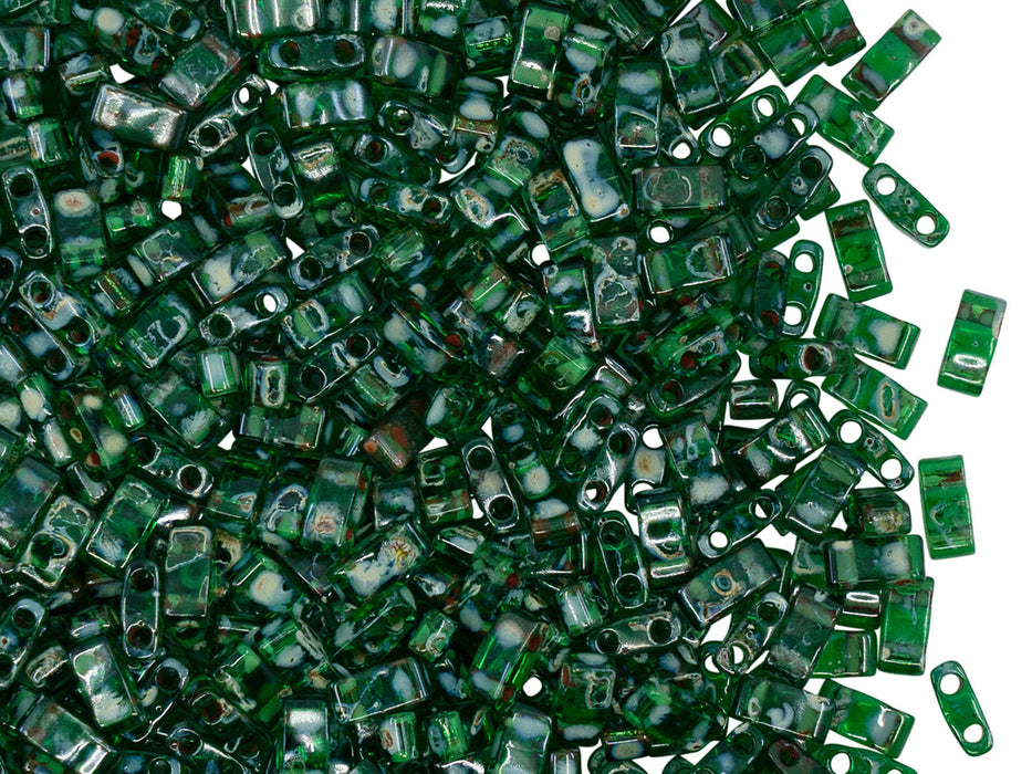 5 g Halb Tila Perlen 5x2.3x1.9 mm, 2-Loch, Transparent Green Picasso, Miyuki Japanese Perlen