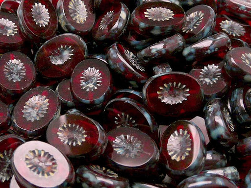 10 St. Kiwi Table Cut Perlen, Geschnitzt Oval 14x10mm, Böhmisches Glas,,Dunkler Rubin Travertin
