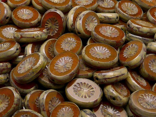 10 St. Kiwi Table Cut Perlen, Geschnitzt Oval 14x10mm, Böhmisches Glas,,Orange Opal Travertin Dunkel