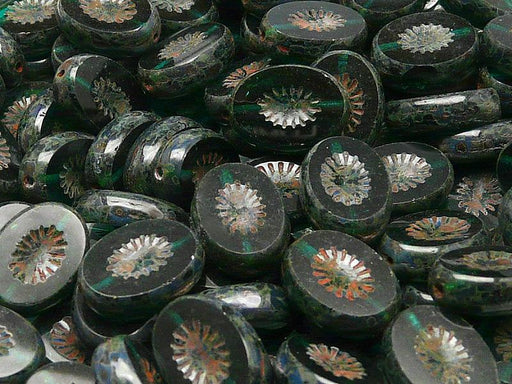 10 St. Kiwi Table Cut Perlen, Geschnitzt Oval 14x10mm, Böhmisches Glas,,Chrysolith Transparent Travertin