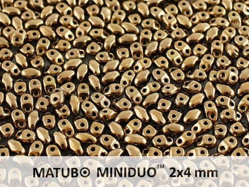 10 g MiniDuo Gepresste Rocailles 2x4mm Zwei-Loch, Böhmisches Glas, Kristall Bronze 24 Karat