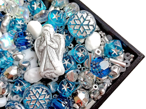 65 g Einzigartige Mischung aus tschechischen Glas-Weihnachtsperlen für die Schmuckherstellung, Weiß-Blau, Tschechisches Glas (Unique Mix of Czech Glass Christmas Beads for Jewelry Making)