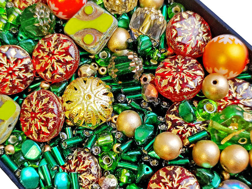 65 g Einzigartige Mischung aus tschechischen Glas-Weihnachtsperlen für die Schmuckherstellung, Rot-Grün, Tschechisches Glas (Unique Mix of Czech Glass Christmas Beads for Jewelry Making)