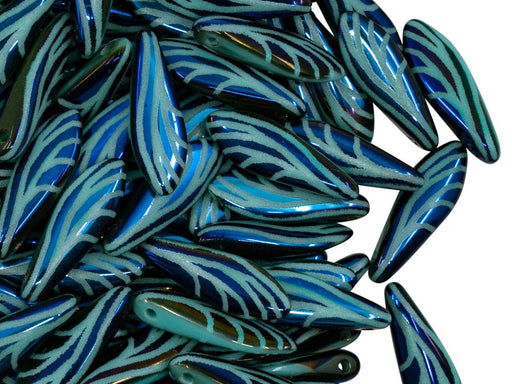 Dolchperlen 5x16 mm Irisierend blau mit türkisem gelasertem Muster Tschechisches Glas  Farbe_Blue