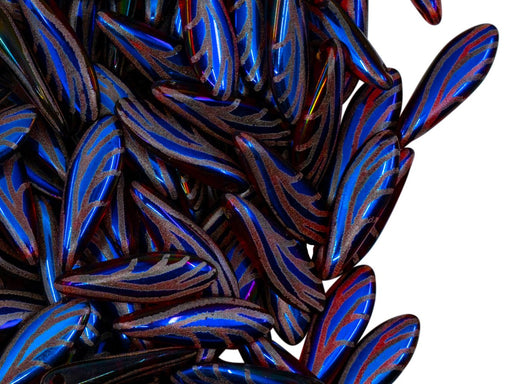 Dolchperlen 5x16 mm Irisierend blau mit rubinrotem gelasertem Muster Tschechisches Glas  Farbe_Red Farbe_ Multicolored