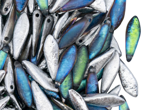 25 pcs Dolchperlen 5x16 mm, Kristall Backlit Petrol geätzt, Tschechisches Glas (Dagger Beads)