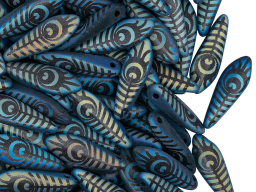 25 pcs Dolchperlen 5x16 mm, Jet AB matt gelasert geätzt Pfauenfeder, Tschechisches Glas (Dagger Beads)
